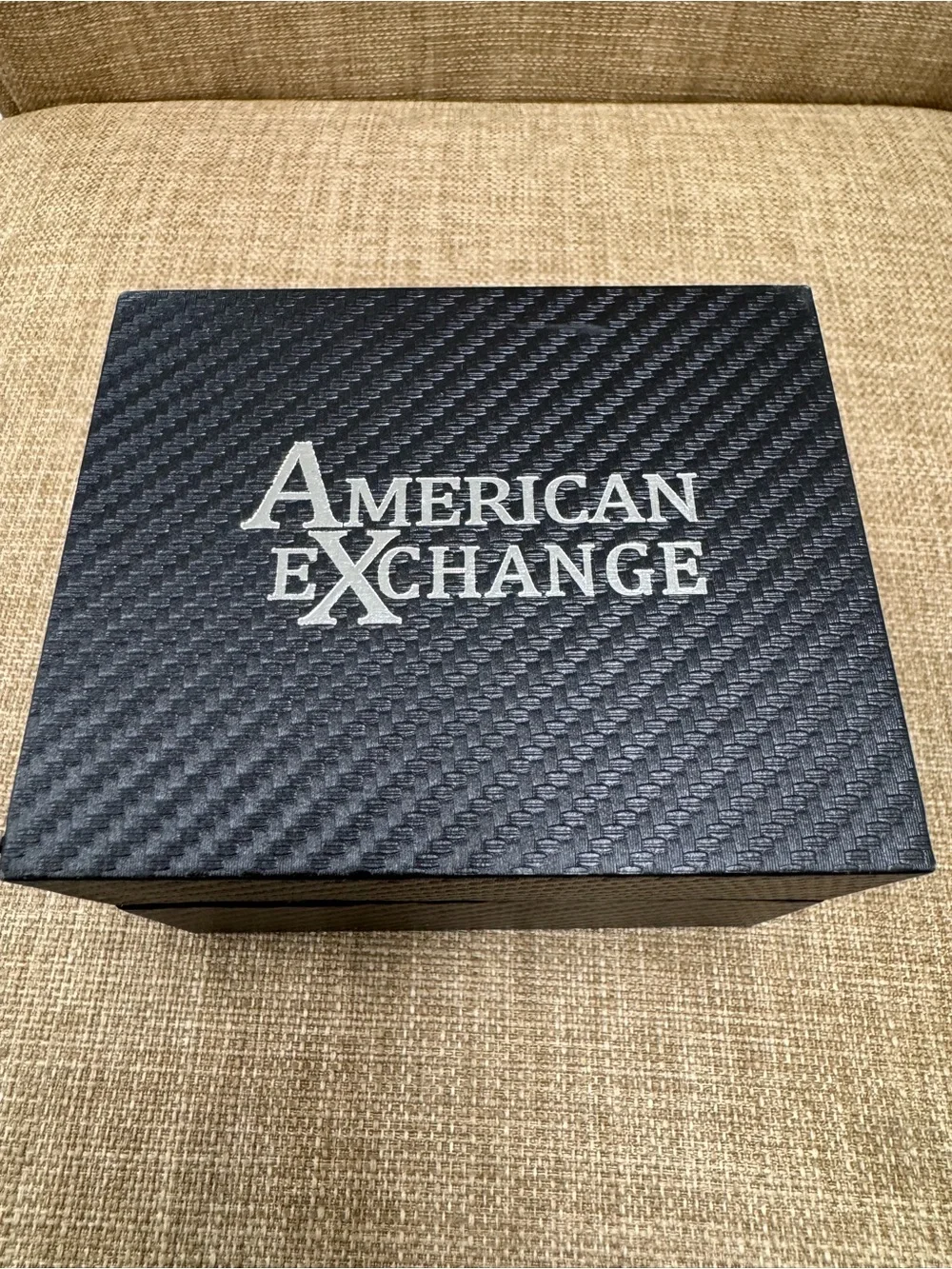 American Exchange Men’s Quartz Analog Silver Tone Black Dial Strap Set Box